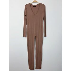 Naked Wardrobe Deep Plunge V Long Sleeve Jumpsuit Womens‎ Size XL Tan Neutral